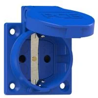 1050-0bc PCE Розетка встраиваемая 16А/250V/2P+E/IP54 50x50 подключение сзади синяяя, со "шторками"