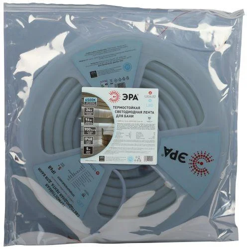 Лента светодиодная LS2835-9.6-120-24-6500K-IP68-5м 24В термостойкая для бани холод. бел. (в комплекте: 2 заглушки; 10 крепежей)(уп.5м) Эра Б0062329