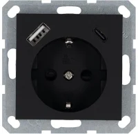 Розетка Shuko 16А с заземл. защ. шторки с 2-мя заряд. устройствами USB тип A+C 25Вт механизм черн. матов. soft touch Jasmart G5501USB-25PB