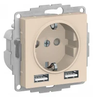Розетка 3-м СП AtlasDesign 16А IP20 с 2-мя заряд. устройствами USB тип A+A 5В/2.4А 2х5В/1.2А механизм беж. SchE ATN000230