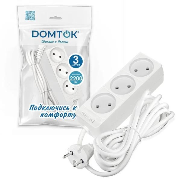 Удлинитель 3х3м без заземл. 10А IP20 2.2кВт ПВС 2х1 бел. DOMTOK 2351