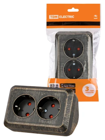 Розетка угловая двойная 2П+3 открытой установки с з/ш IP20 250В 16А бронза "Ладога" TDM