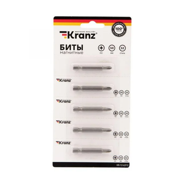Бита PZ1x50мм для шуруповерта сталь S2 (уп.5шт) (лента) Kranz KR-12-6312