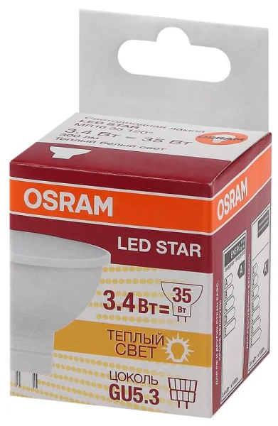 Лампа светодиодная LED STAR MR16 3.4W/830 (замена 35Вт) 3.4Вт 3000К тепл. бел. GU5.3 300лм 110 град. 220-240В матов. пласт. OSRAM 4058075129009