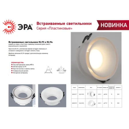 Светильник KL93 WH MR16/GU5.3 встраив. пластик. бел. Эра Б0054377