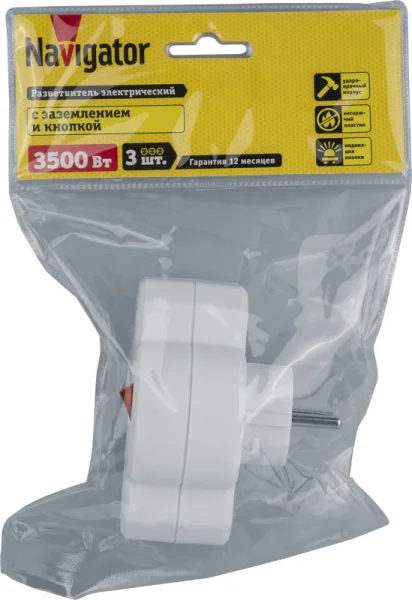 Разветвитель 3-м (1-м - с заземл. 2-м - без заземл.) 10А IP20 94 698 NAD-3-R2F-WH в ряд Navigator 94698