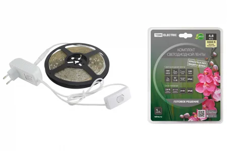 Комплект светодиодной ленты SMD2835-60 LED/м-12 В-4,8 Вт/м-IP65-3000 К (5 м), 24 Вт TDM