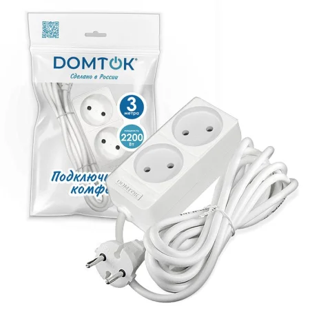 Удлинитель 2х3м без заземл. 10А IP20 2.2кВт ПВС 2х1 бел. DOMTOK 2346
