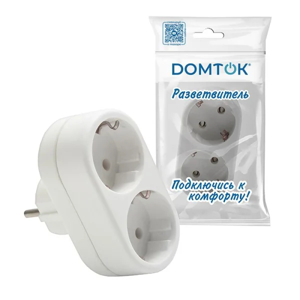 Разветвитель 2-м плоский с заземл. 16А 3500Вт 250В бел. DОМТОК 2653