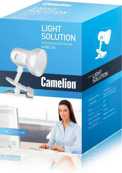 Светильник H-035 прищепка 220В 60Вт метал. бел. Camelion 7198