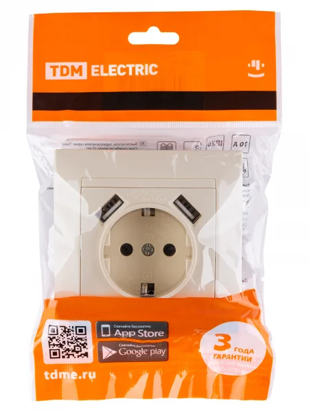 Розетка 2П+З 16А 250В + 2 USB порта 2,1А 5В сл.кость "Лама" TDM