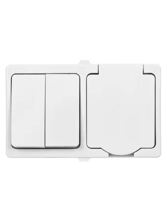 Блок (горизонтальный) выключатель 2-кл. + розетка 2П+З с з/ш БКВР IP54 белый "Вуокса" TDM