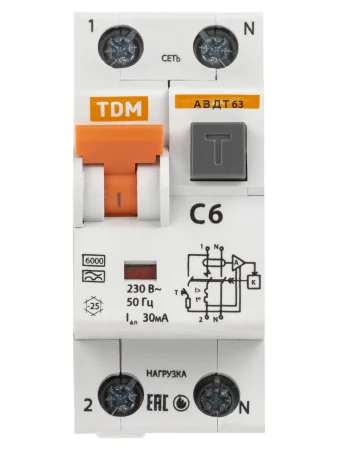 АВДТ 63 2Р(1Р+N)  C6 30мА 6кА тип А TDM