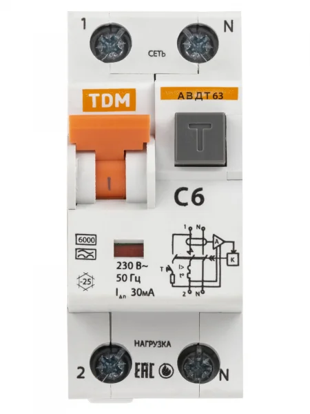 АВДТ 63 2Р(1Р+N)  C6 30мА 6кА тип А TDM