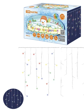 Гирлянда светодиодная "Бахрома" 1,9х0,5 м, 68LED, многоцветн., 8 режимов, 250 В, IP20, TDM