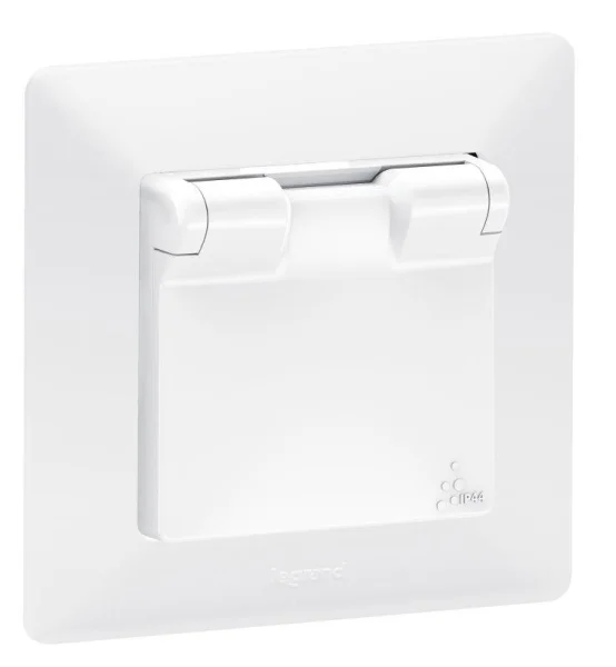 Механизм розетки 1-м СП Valena Life 16А IP44 250В 2К+З защ. шторки откидная крышка бел. Leg 753119