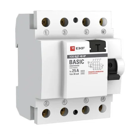 Выключатель дифференциального тока (УЗО) 4п 25А 30мА (электрон.) Basic EKF elcb-4-25-30e-sim