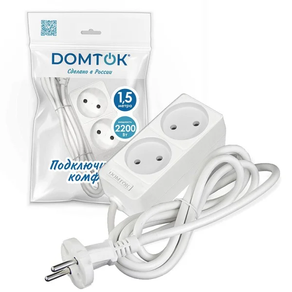Удлинитель 2х1.5м без заземл. 10А IP20 2.2кВт ПВС 2х1 бел. DOMTOK 2344