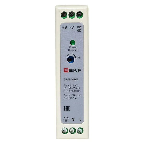 Блок питания на DIN рейку 20Вт Uвх 220В AC m Uвых - 5В DC постоянного тока EKF DR-M-20W-5