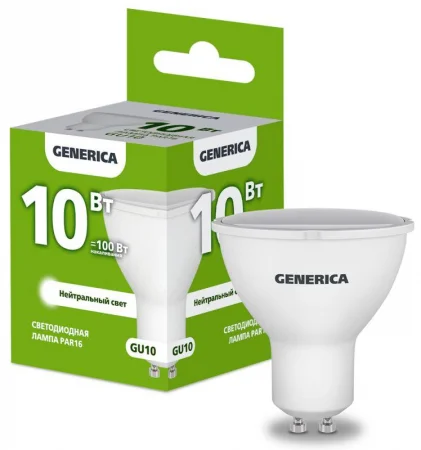 Лампа светодиодная PAR16 10Вт софит 4000К GU10 230В GENERICA LL-PAR16-10-230-40-GU10-G