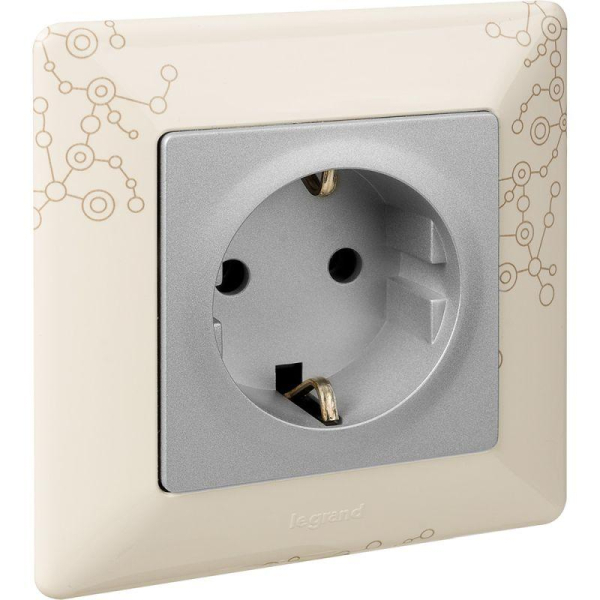 Механизм розетки 1-м СП Valena Life 16А IP2X 250В 2К+З с лиц. панелью безвинт. зажимы алюм. Leg 753621