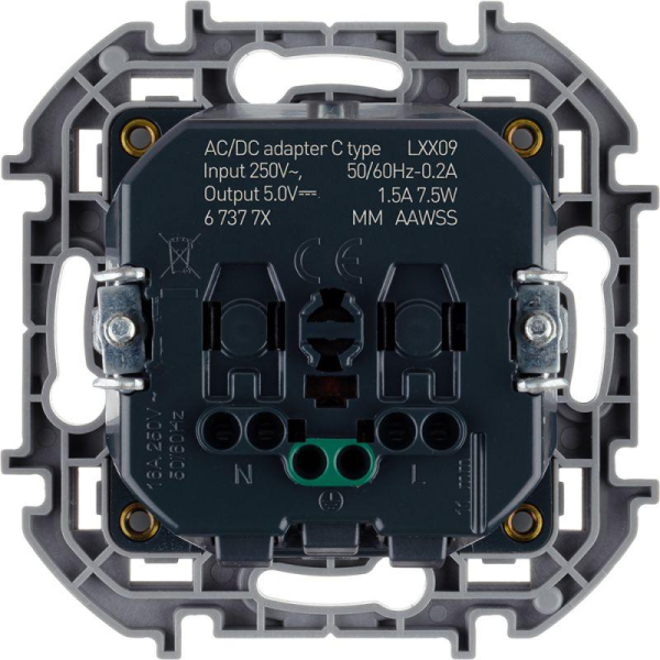 Розетка 1-м СП Inspiria 16А IP20 250В 2P+E немецк. стандарт с заряд. устройством USB тип C 1.5А 5В механизм антрацит Leg 673773