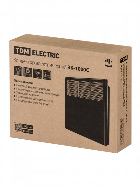 Конвектор электрический ЭК-1000С, 1000 Вт, термостат, СТИЧ, черный, TDM