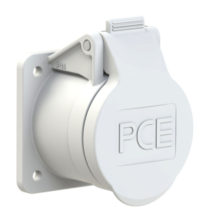 382-12f4v PCE Розетка встраиваемая 16А/42V/2P/IP44, фланец 55х55, никелированные контакты