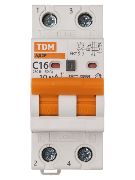 Диф.автомат АД2P 2Р С16 10мА 6кА тип АС TDM