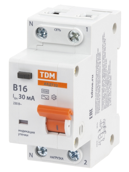 АВДТ 32 2P(1P+N) B16А 30мА 4,5кА тип АС TDM