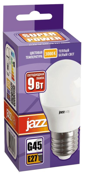 Лампа светодиодная PLED-SP 9Вт G45 шар 3000К тепл. бел. E27 820лм 230В JazzWay 2859631A