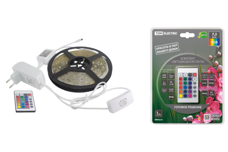 Комплект светодиодной ленты SMD5050-30 LED/м-12 В-7,2 Вт/м-IP65-RGB (5 м), 24 Вт, IR-контроллер TDM