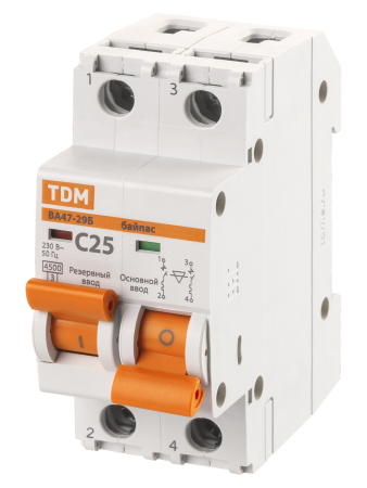 Авт. выкл. с мех. блок. (байпас) ВА47-29Б 1Р+1Р 25А 4,5кА х-ка C TDM