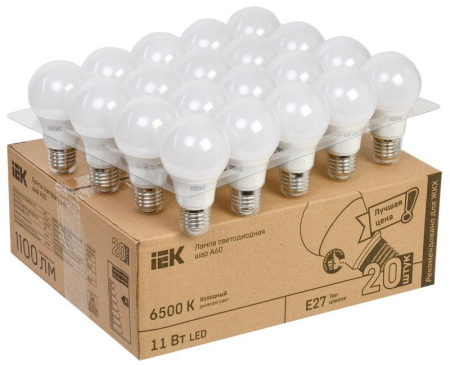 Лампа светодиодная A60 шар 11Вт 230В 6500К E27 (уп.20шт) IEK LLE-A60-11-230-65-E27-20