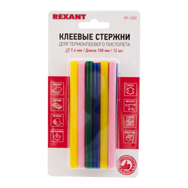 Стержень клеевой d7.4мм L100мм разноцв. (уп.12шт) Rexant 09-1020