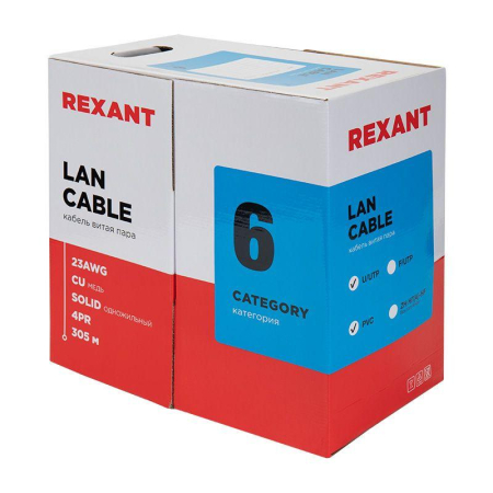 Кабель витая пара U/UTP кат.6 4х2х23AWG solid CU PVC син. (м) Rexant 01-0047