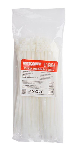 Хомут кабельный 4.8х200 нейл. (уп.100шт) бел. Rexant 07-0200-5