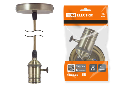 Патрон Е27 с выключателем с подвесом 1 м, металлический "Лофт", бронза TDM