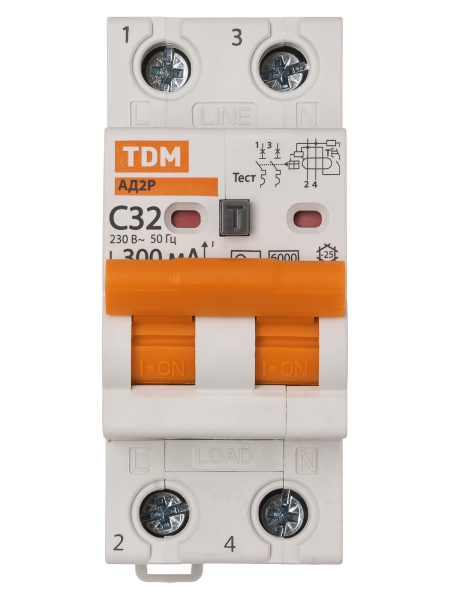 Диф.автомат АД2P 2Р С32 300мА 6кА тип АС TDM