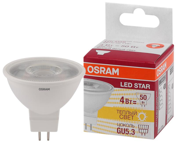 Лампа светодиодная LED STAR MR16 4.2W/830 (замена 50Вт) 4.2Вт пласт. 3000К тепл. бел. GU5.3 350лм 110 град. 220-240В OSRAM 4052899981140