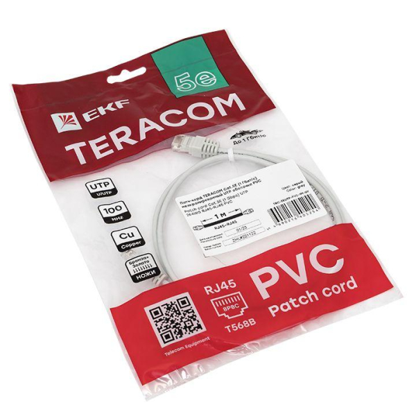 Патч-корд кат.5E UTP неэкранир. PVC 1Гбит/с 1м сер. TERACOM EKF TRC-5EUTP-PVC-1M-GY