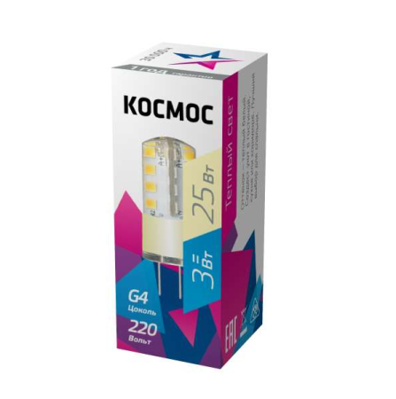 Лампа светодиодная 3Вт 220В G4 3000К КОСМОС LksmLED3wJCG4220v30