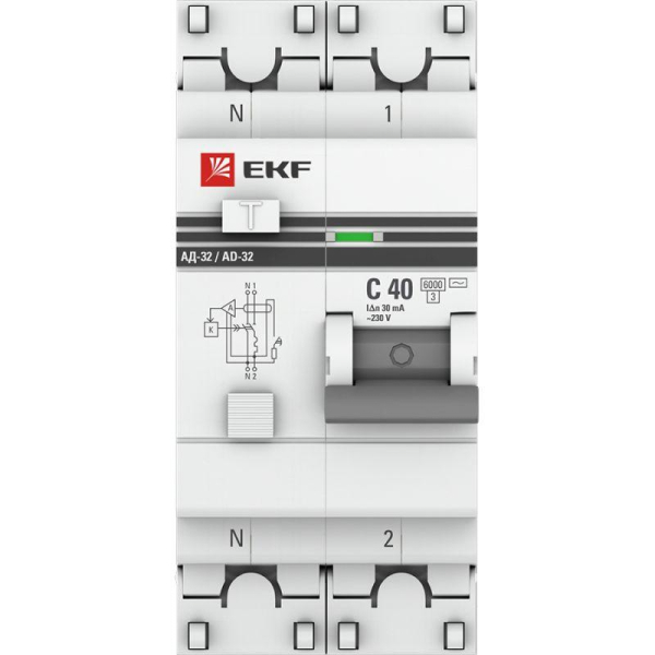Выключатель автоматический дифференциального тока 2п (1P+N) C 40А 30мА тип AC 6кА АД-32 защита 270В электрон. PROxima EKF DA32-6-40-30-ac-pro