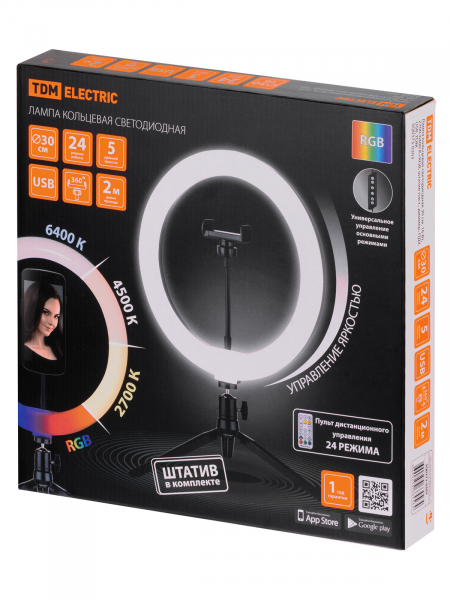 Лампа кольцевая светодиодная 30 см, 16 Вт, 2700-6400 К+RGB, штатив наст., диммер, ПДУ, USB, TDM