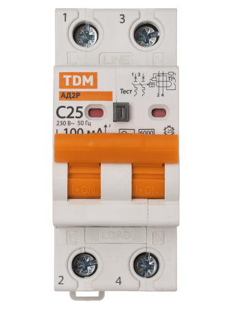 Диф.автомат АД2P 2Р С25 100мА 6кА тип АС TDM