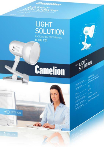 Светильник H-035 прищепка 220В 60Вт метал. бел. Camelion 7198