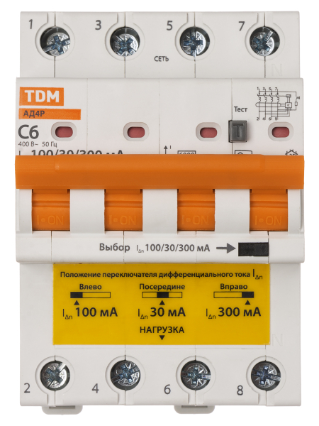 Диф.автомат АД4P 4Р С6 30-100-300мА 6кА тип АС TDM