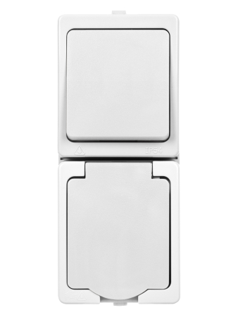 Блок (вертикальный) выключатель 1-кл. + розетка 2П+З с з/ш БКВР IP54 белый "Вуокса" TDM