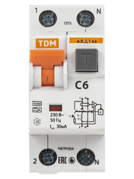 АВДТ 63 2Р(1Р+N)  C6 30мА 6кА тип А TDM