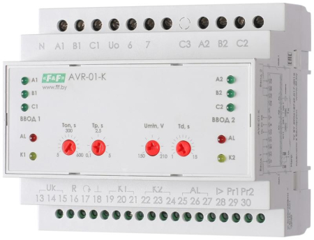 Устройство управления резервным питанием AVR-01-K (2 ввода; 1 нагрузка 35мм 3х400В+N 2х16А 2P IP20 монтаж на DIN-рейке) F&F EA04.006.001